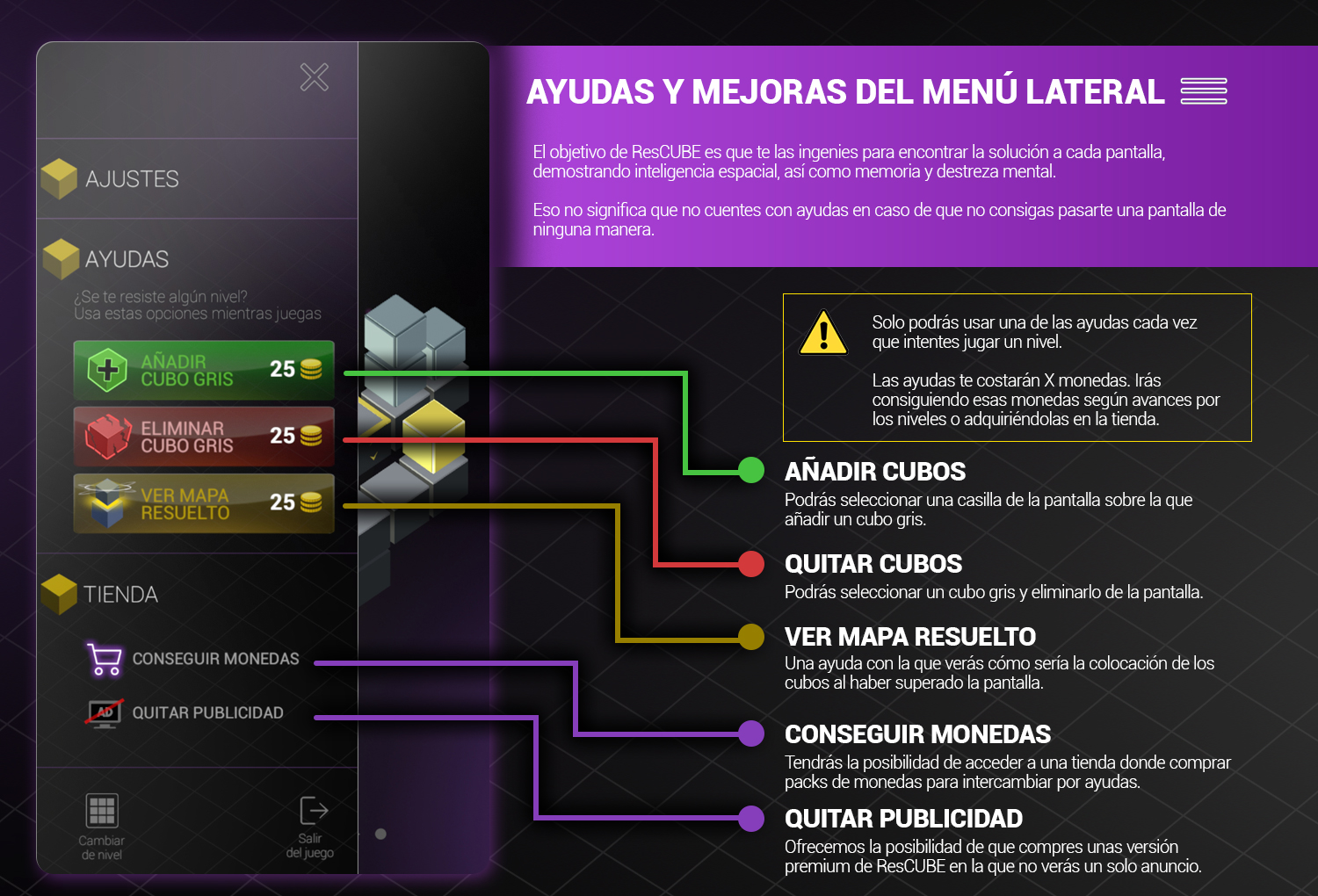 AYUDAS Y MEJORAS del menú lateral: El objetivo de ResCUBE es que te las ingenies para encontrar la solución a cada pantalla, demostrando inteligencia espacial, así como memoria y destreza mental. Eso no significa que no cuentes con ayudas en caso de que no consigas pasarte una pantalla de ninguna manera.AÑADIR CUBOS:Podrás seleccionar una casilla de la pantalla sobre la que añadir un cubo gris. QUITAR CUBOS:Podrás seleccionar un cubo gris y eliminarlo de la pantalla.  VER MAPA RESUELTO: Una ayuda con la que verás cómo sería la colocación de los cubos al haber superado la pantalla.CONSEGUIR MONEDAS: Tendrás la posibilidad de acceder a una tienda donde comprar packs de monedas para intercambiar por ayudas.QUITAR PUBLICIDAD: Ofrecemos la posibilidad de que compres unas versión premium de ResCUBE en la que no verás un solo anuncio.